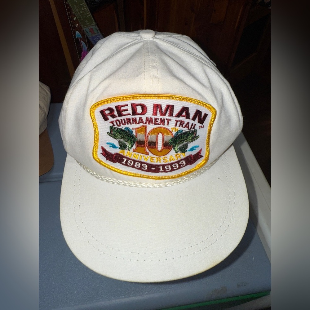 Red Man Tobacco Vtg 90’s Hat Cap Tournament Trail Bass Fishing Snapback Patch